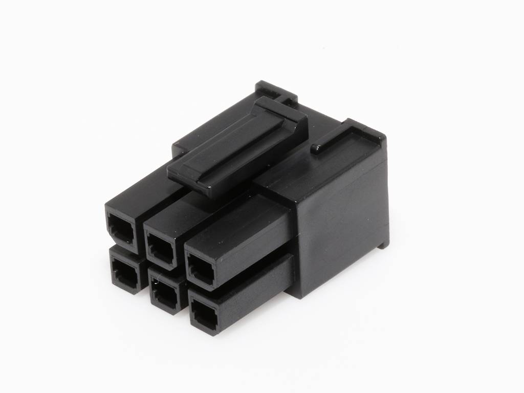 Černý šestipolový konektor pro elektronické aplikace, primárně určený k připojení zařízení ke zdrojům napájení.