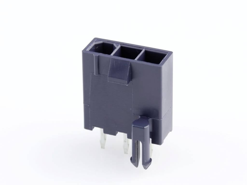 Černý třípólový konektor s kovovými kontakty vyčnívajícími ze spodní strany. Navržen pro elektronické propojení.