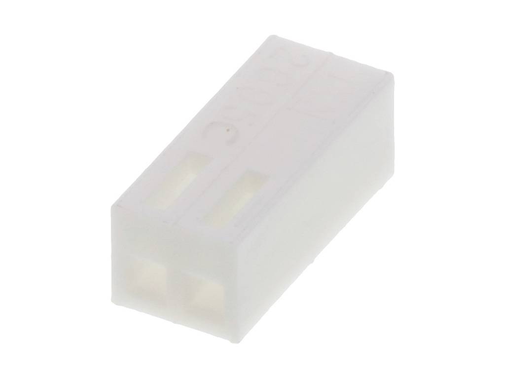 Plastový konektor se dvěma připojovacími otvory, obdélníkový tvar, bílý, používaný pro elektrické spoje nebo kabeláž.