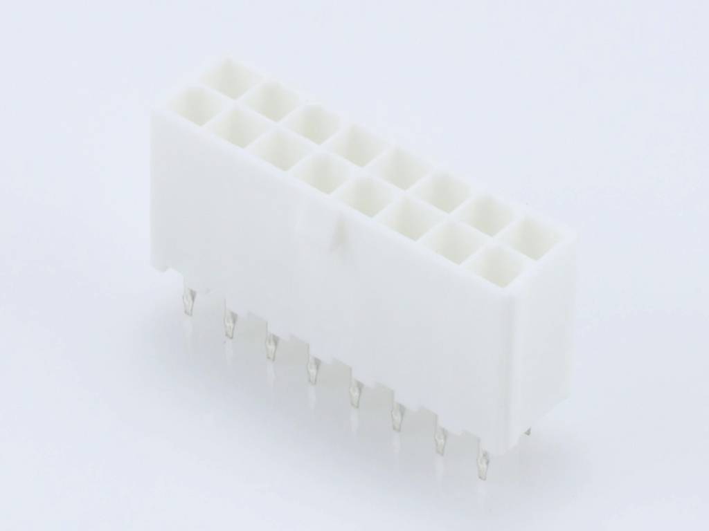 Bílý obdélníkový konektor s 16 kolíky, vhodný pro elektronické obvody nebo zařízení.