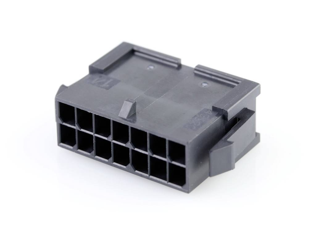 Černý 12-pinový konektor, který se často používá pro připojení kabelů v počítačích nebo elektronických zařízeních.