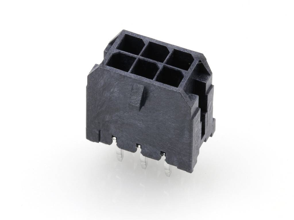 Černý plastový konektor se šesti obdélníkovými vstupy, vhodný pro elektronické obvody.