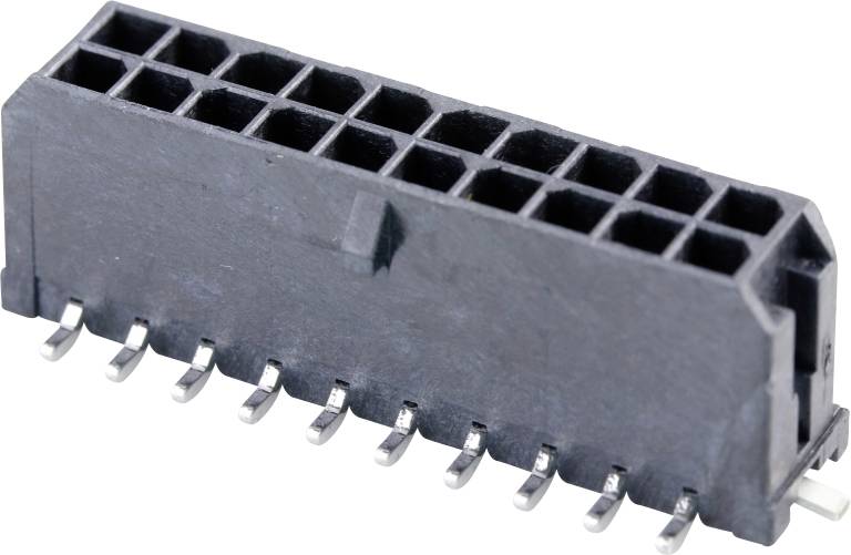 Černý elektrický konektor s dvaceti piny ve dvou řadách, určený pro připojení elektronických zařízení.