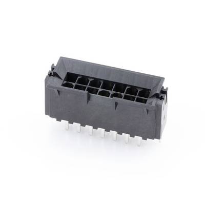 Černý pravoúhlý elektrický konektor s několika kolíky na spodní straně, izolovaný na bílém pozadí.