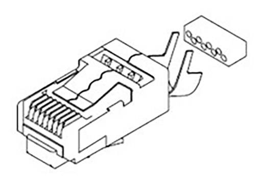 Schéma RJ45 konektoru zobrazující jeho strukturu s kontakty a kabelovými přípoji. Vlevo konektor, vpravo kabel.