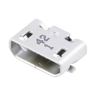 Stříbrný kovový konektor Micro-USB pohledem shora, se dvěma bočními upevňovacími sponkami pro montáž.