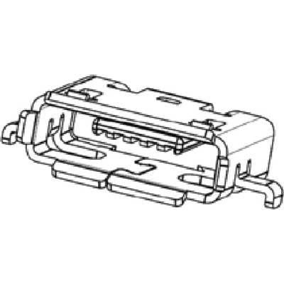 Technický výkres USB-C konektoru, zobrazující detailní pohled na pin kontakty a vnější tvar konektoru.