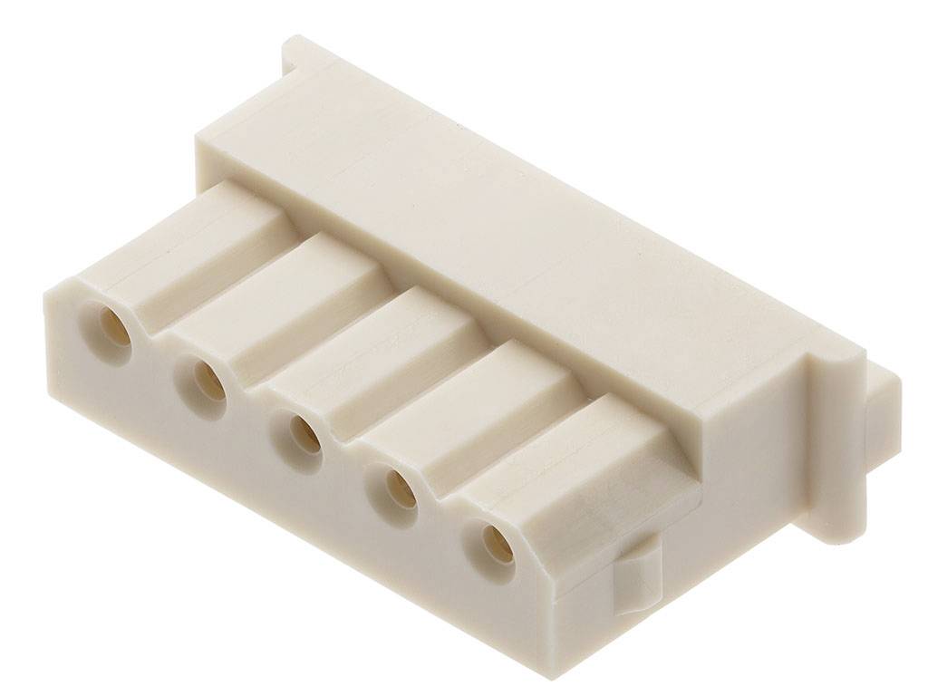Bílý pětikolíkový elektrický konektor obdélníkového tvaru se zaoblenými hranami, umístěný na bílém povrchu.
