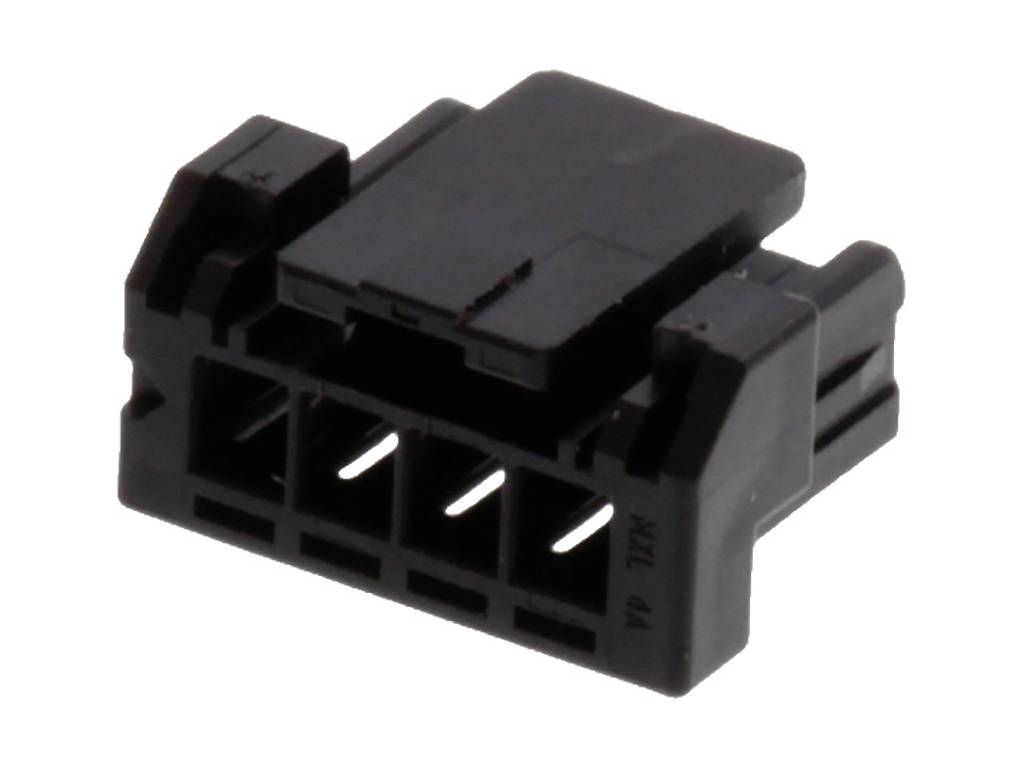 Černý plastový konektor se šesti obdélníkovými kontaktními body, vhodný pro elektronické připojení.