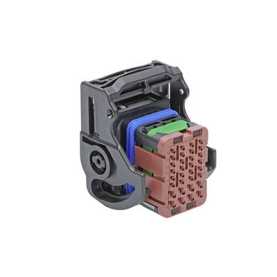Černá zástrčka s barevnými vložkami (modrá, zelená, červená), která se používá pro elektrické připojení.