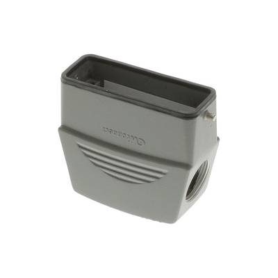 Průmyslový pravoúhlý konektor, šedý, s vroubkovaným povrchem. Navržen pro robustní elektrické propojení.