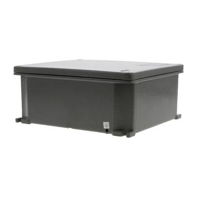 Černá plastová krabice obdélníkového tvaru s víkem. Krabice má čtyři malé nožky v rozích a je jednoduchého designu.