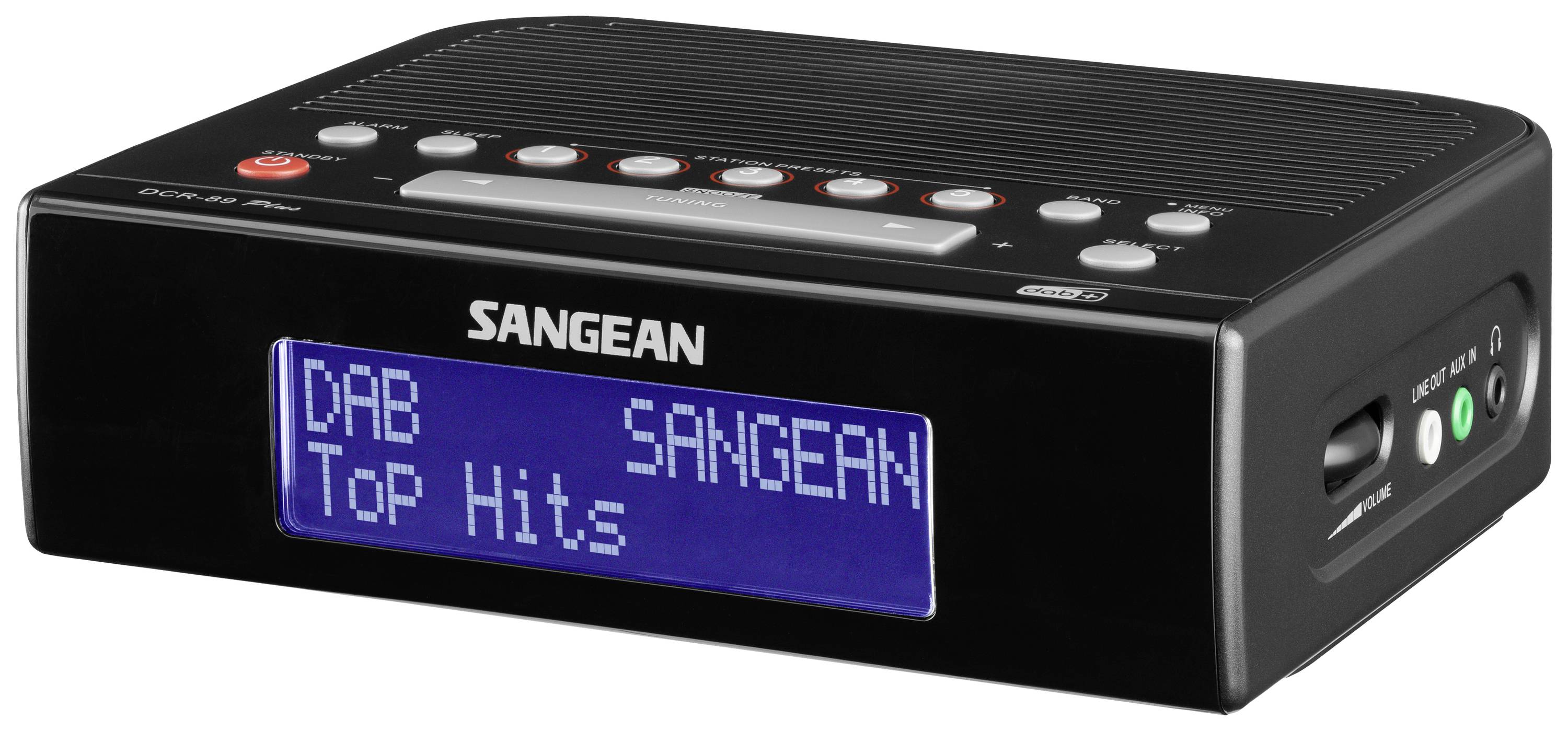 Digitální rádio se zobrazením DAB 'SANGEAN Top Hits', černý obdélníkový tvar, různé ovládací tlačítka na horní straně.