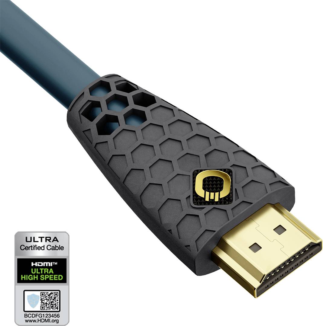 HDMI kabel se zlatými konektory a černou strukturou připomínající včelí plástev. Certifikován jako 'Ultra High Speed'. QR kód viditelný na etiketě.