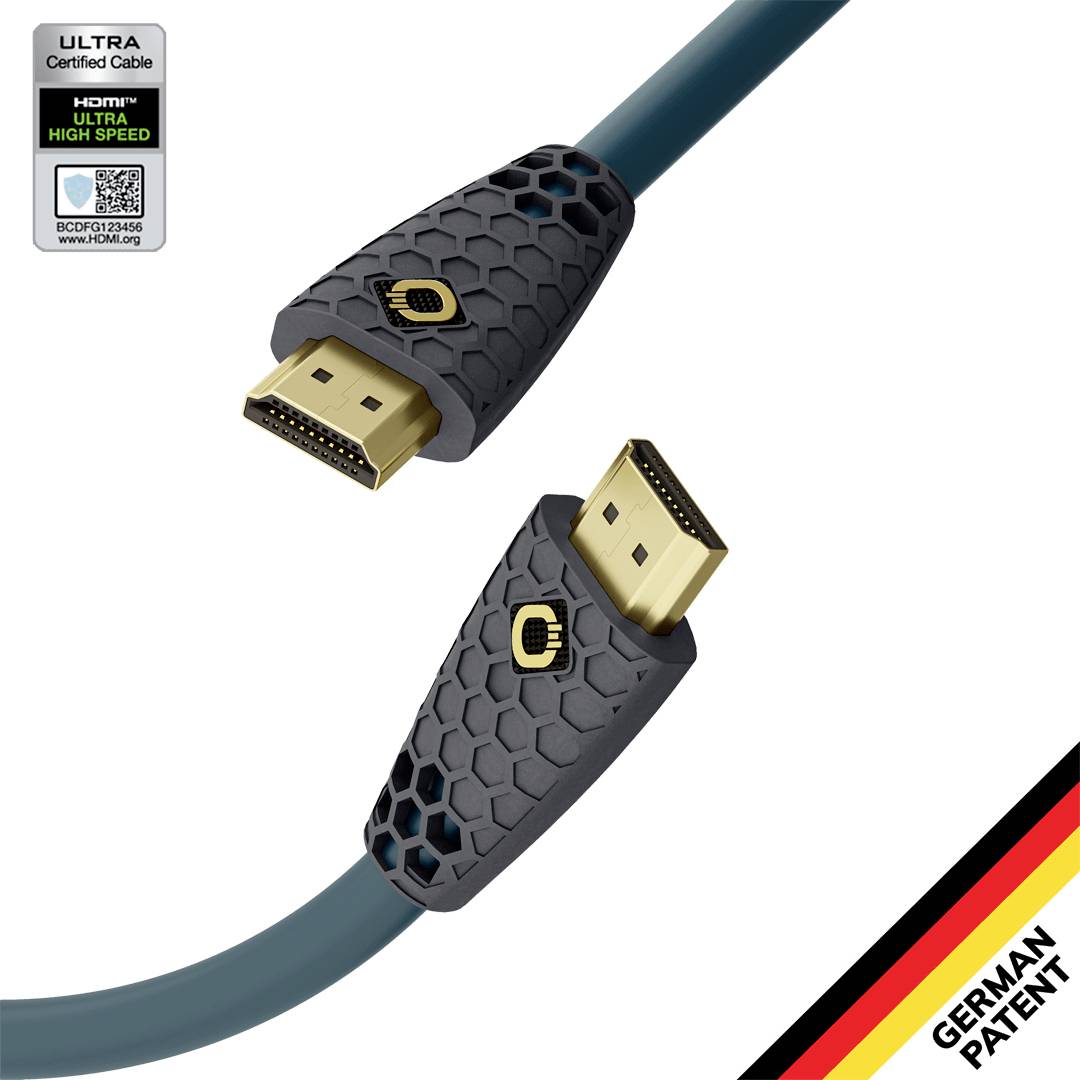 Dva HDMI konektory s pružnými černými obaly a zlatými kontakty. Vlevo nahoře certifikační pečeť. Dole vpravo poznámka 'Německý patent'.