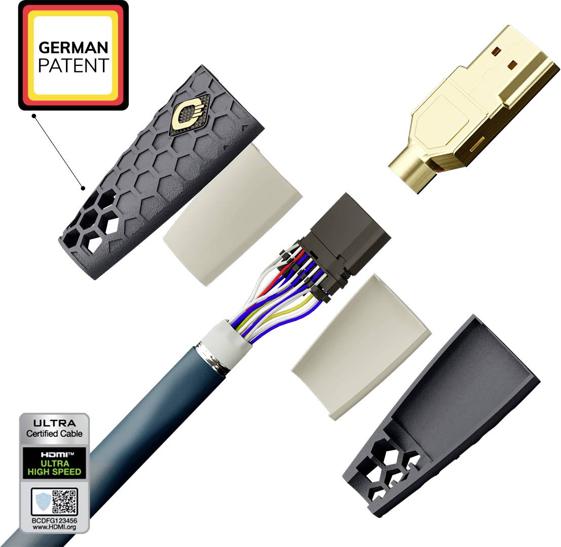 Pohled na rozložené součásti HDMI kabelu, který zobrazuje vnitřní strukturu a zapojení vodičů, s pečetí "Německý patent" a označením "ULTRA Certifikovaný kabel".