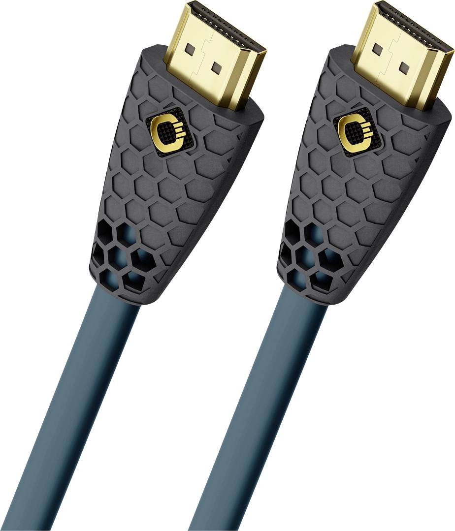 Dva HDMI kabely s černými konektory a zlatými kontakty, které mají šestiúhelníkový vzor.