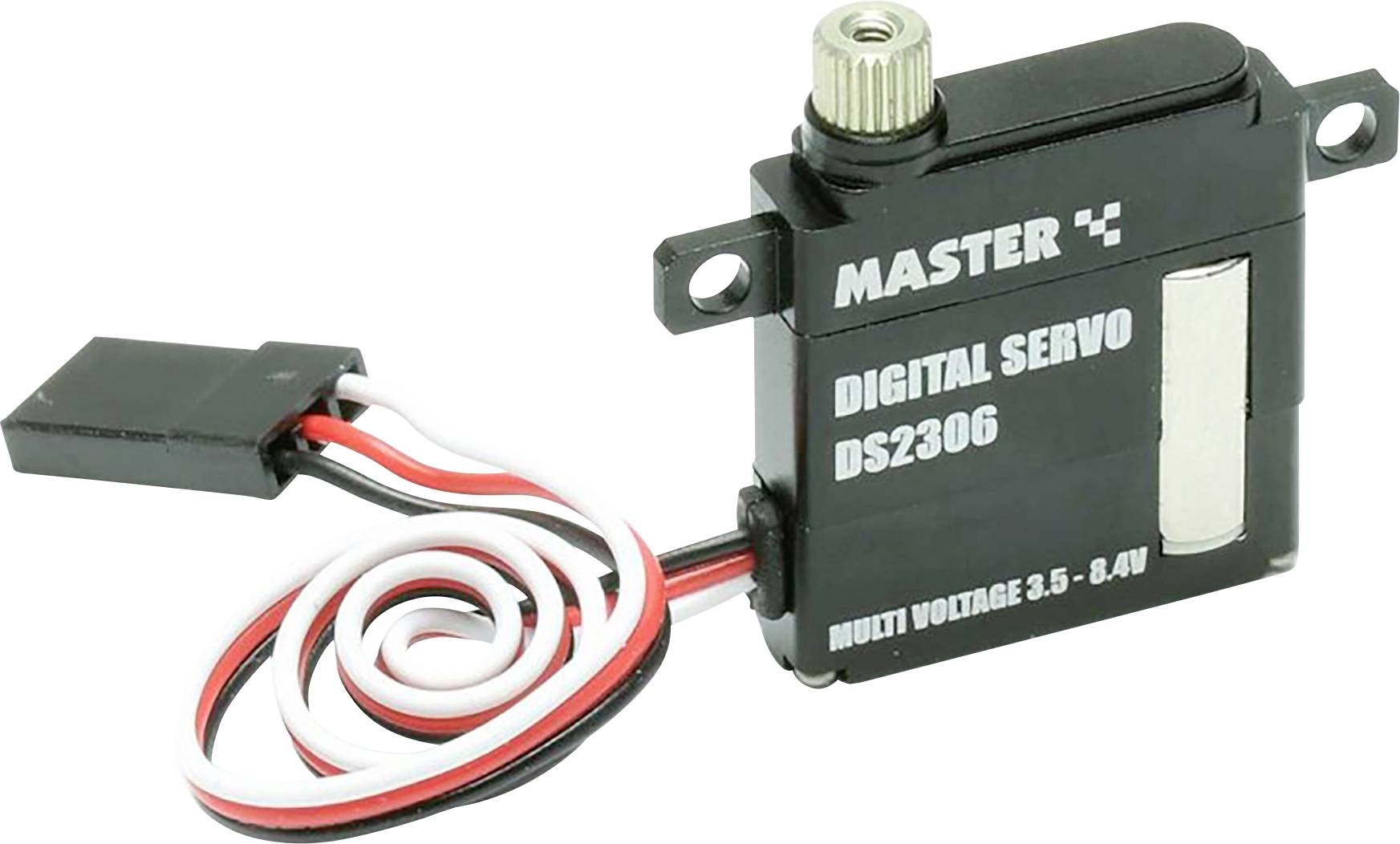 Černý digitální servo s bílým logem a označením 'MASTER DIGITAL SERVO DS2306'. Disponuje vícebarevnými kabely a konektorem.