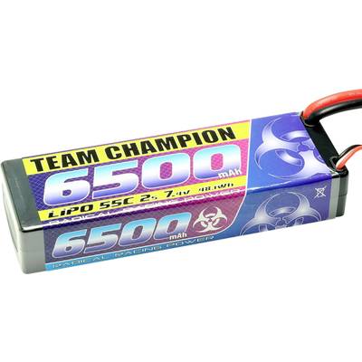 LiPo akumulátor s nápisem 'TEAM CHAMPION 6500 mAh', 55C, 7,4V, 48,1Wh. Barevný design s symboly na obalu.