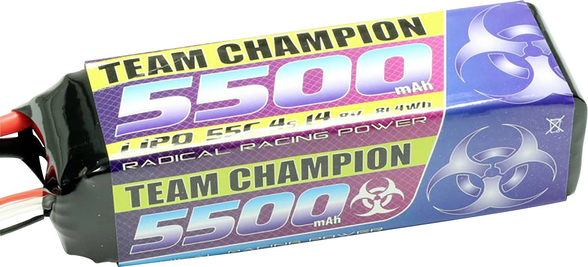 Akumulátor s nápisem 'TEAM CHAMPION 5500 mAh LiPo 55C 4S 14.8V 81.4Wh RADICAL RACING POWER', určený pro dálkově ovládané modely.