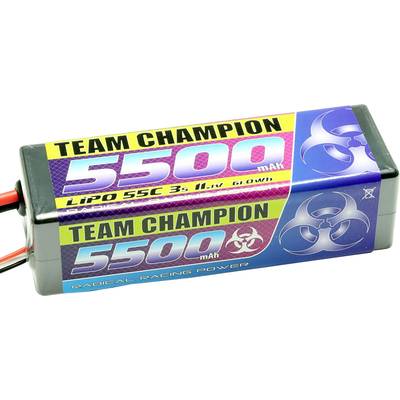 Akumulátor LiPo 'Team Champion' s kapacitou 5500 mAh, 55C, 3S, 11,1V, 61,05Wh. Vhodný pro modelářství s vysokým výkonem, nápadný design.