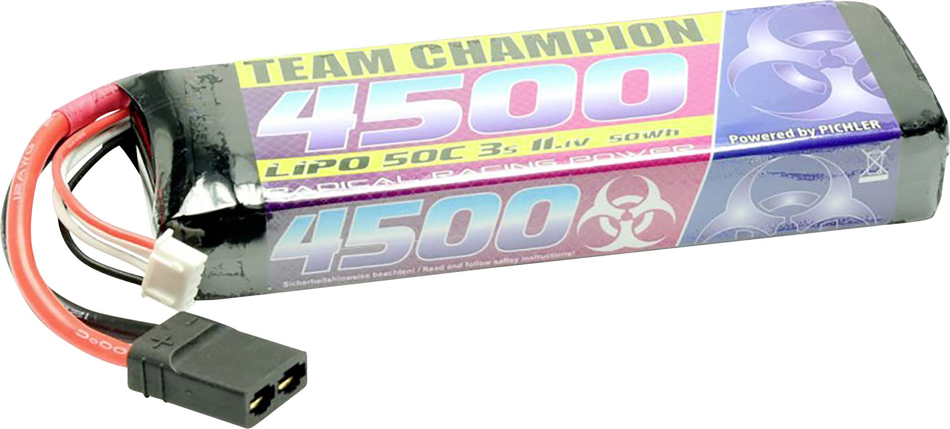 Černý a barevný lithium-polymerový akumulátor s nápisem 'TEAM CHAMPION 4500 LiPo 50C'. Energetický zdroj pro modelářství.