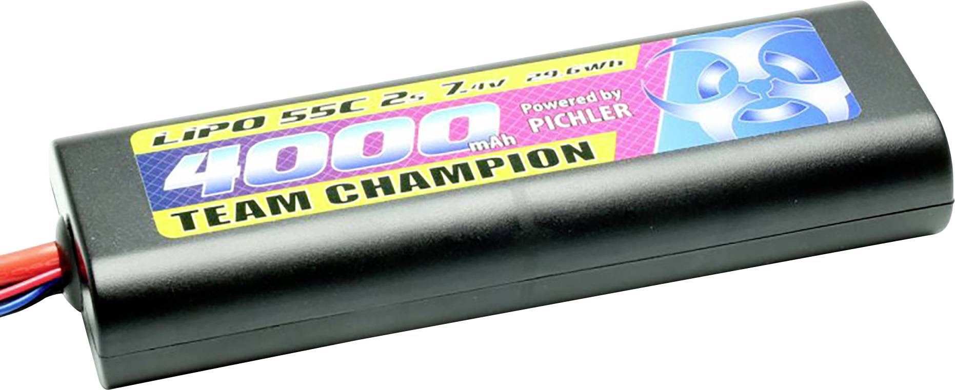 Černý lithium-polymerový akumulátor s nápisem 'LiPo 55C 2s 7,4V 4000 mAh TEAM CHAMPION Powered by Pichler' na štítku.