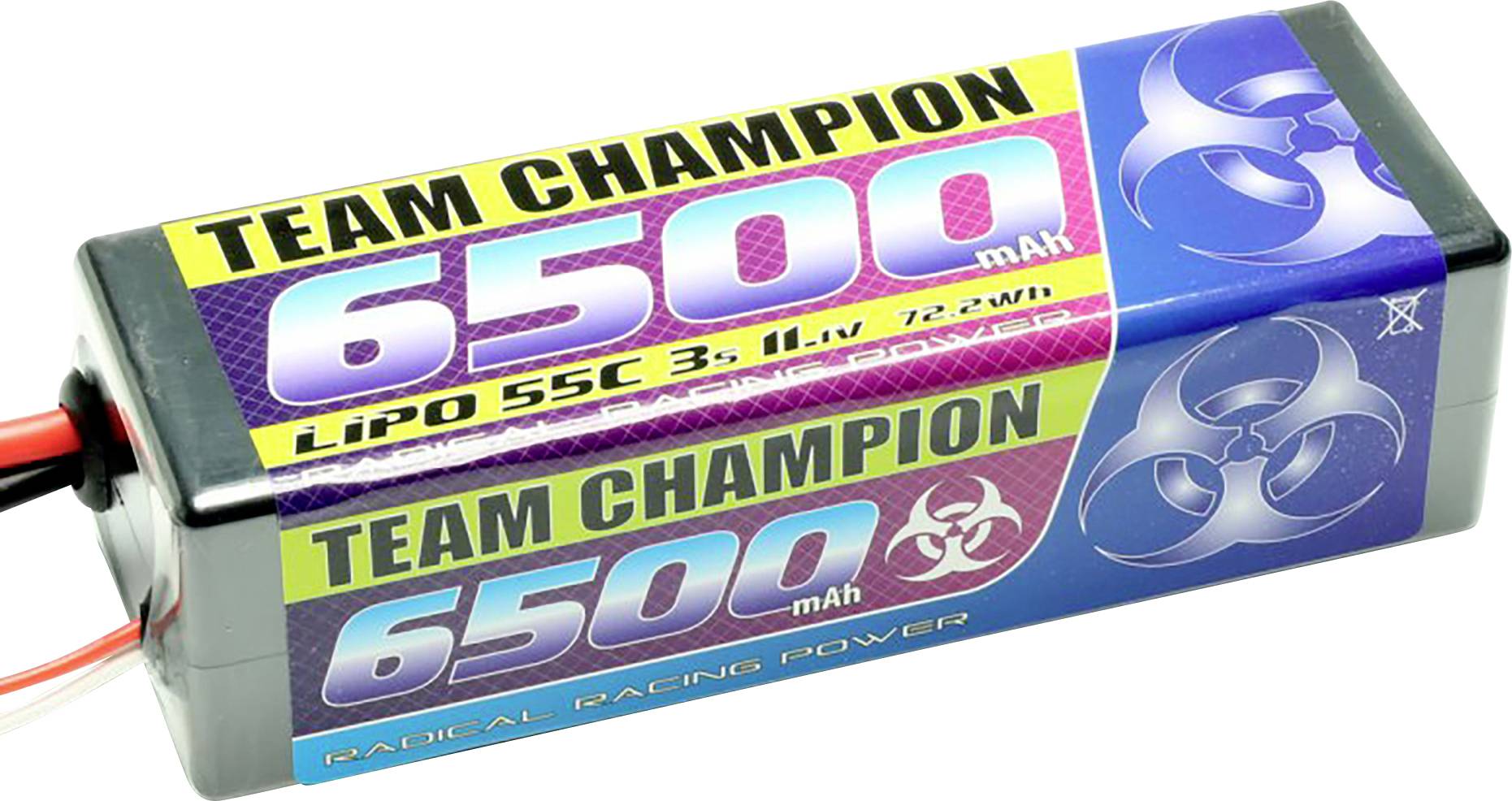 Akumulátor s nápisem 'Team Champion 6500 mAh, LiPo 55C 3S 11.1V, 72.2Wh'. Vhodný pro modelářství a výkonnostní aplikace.