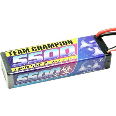 Lithium-polymerový akumulátor s kapacitou 5500 mAh, napětím 7,4 V. Označený nápisem 'Team Champion' a s modro-žlutým designem a symboly.