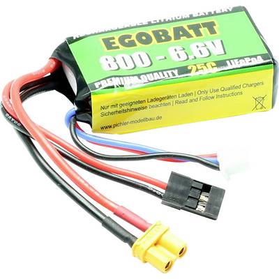 Baterie s nápisem 'EgoBatt 800 - 6.6V, Premium Quality, 25C LiFePo4', propojená několika kabely a konektory.