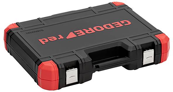Černý kufřík na nářadí s červenými rohy a nápisem 'GEDORE red' v červené barvě na víku.