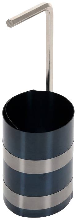 Černý válcový kovový stojan se dvěma stříbrnými pruhy a hákovitou rukojetí nahoře.