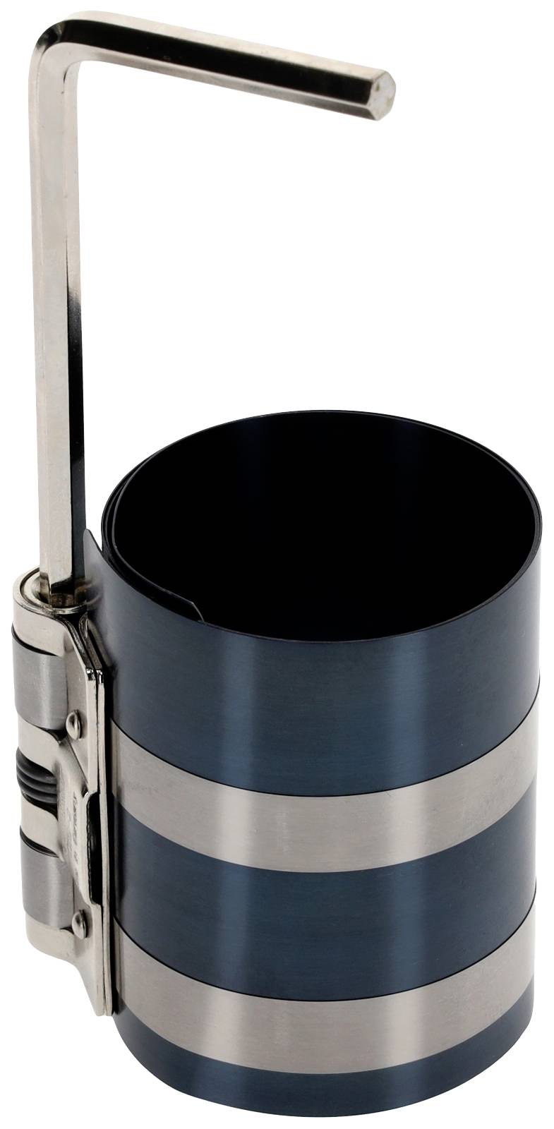 Kovová, válcovitá pomůcka se dvěma stříbrnými pásky a L-tvarovým držadlem. Mohla by být používána pro účely upevnění nebo uchycení.