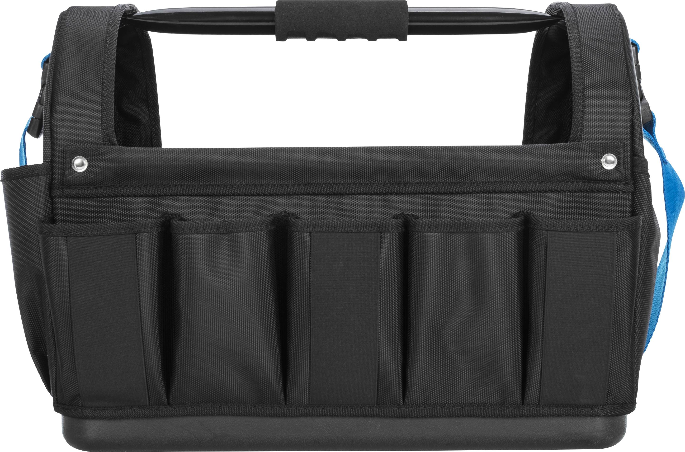 Černá brašna na nářadí s několika vnějšími kapsami a rukojetí. Jedná se o odolné řešení pro uchovávání nářadí.