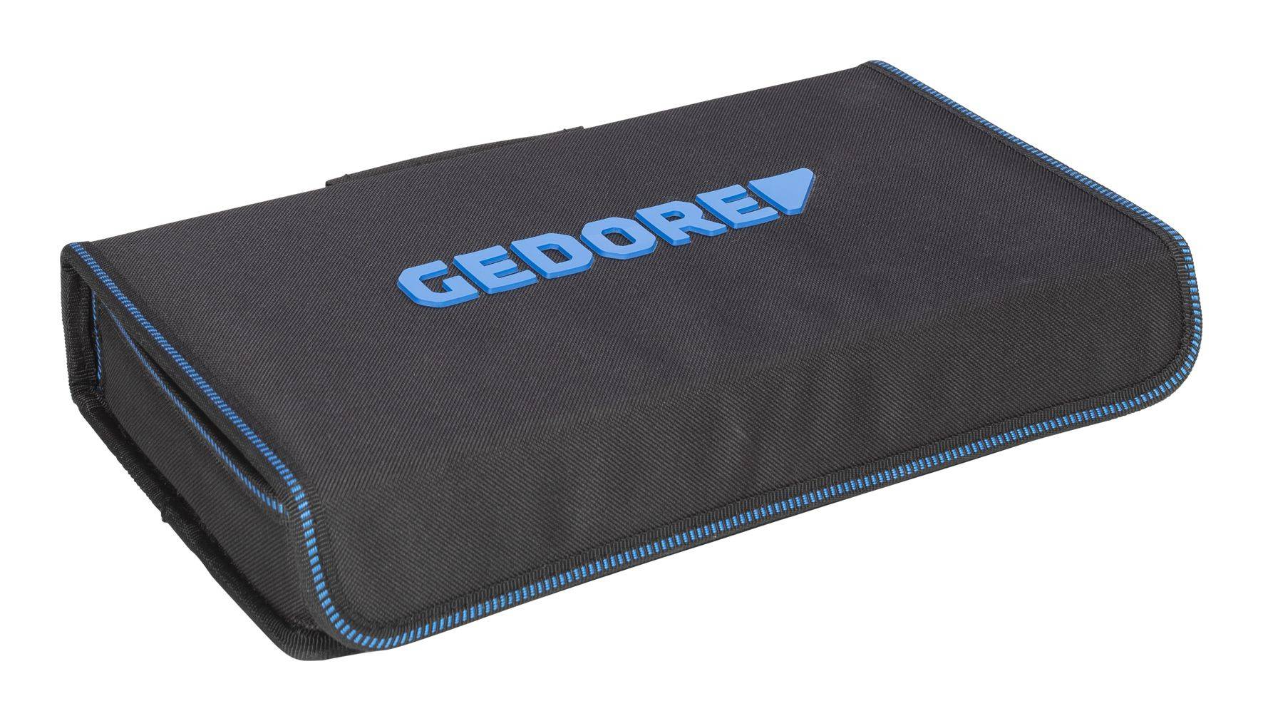 Černá taška na nářadí s modrým potiskem 'GEDORE' na horní straně, s modrými švy po okrajích.
