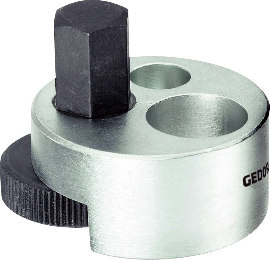 Kovový nástroj s šestihranným dříkem, dvěma kulatými prohlubněmi a bočním kolečkem.