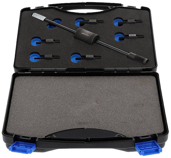 Černý kufřík s výstelkou z pěnové hmoty, který bezpečně uchovává dlouhý, tužkovitý předmět a několik nástavců zednické lžíce.