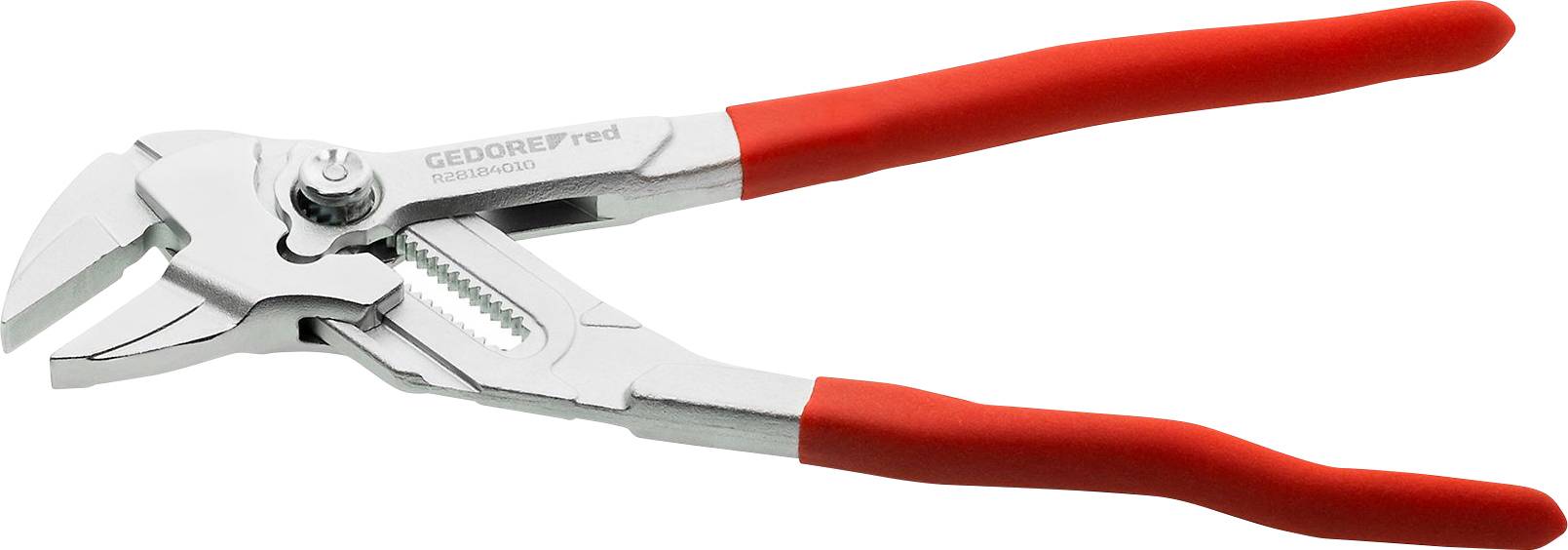 Červené kleště s nastavitelnou čelistí a protiskluzovými rukojeťmi, vhodné pro přesné uchopení a držení objektů.