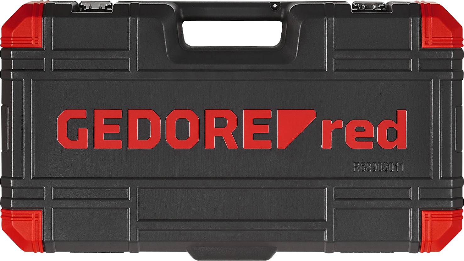 Černý kufřík na nářadí s červeným nápisem 'GEDORE red'. Obdélníkový tvar s madlem nahoře, červené rohy zvýrazněné.