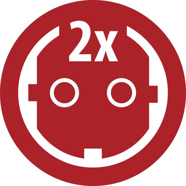 Červená kulatá ikona zobrazující bílou robotu tvář s '2x' nad ní, která označuje dvě položky nebo symbol dvojnásobné rychlosti/množství.
