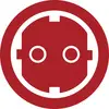 Červený kruhový symbol se stylizovanou tváří robota uvnitř, které naznačuje ikonu související s automatizací nebo boty.