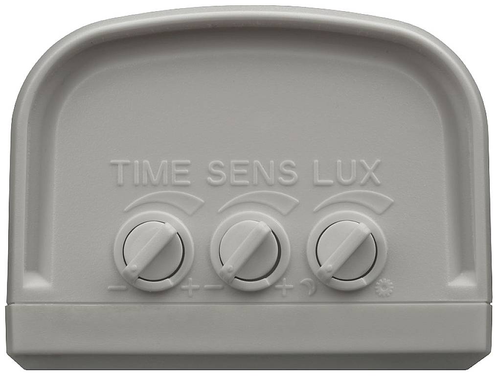 Šedý ovládací panel se třemi otočnými ovladači, označenými 'TIME', 'SENS' a 'LUX', které umožňují nastavení času, citlivosti a jasu.