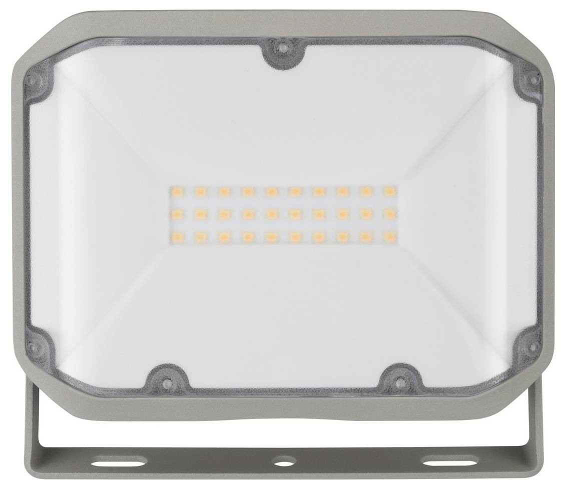 LED reflektor s obdélníkovým tělesem a řadami malých oranžových LED čipů za čirým předním čočkou.