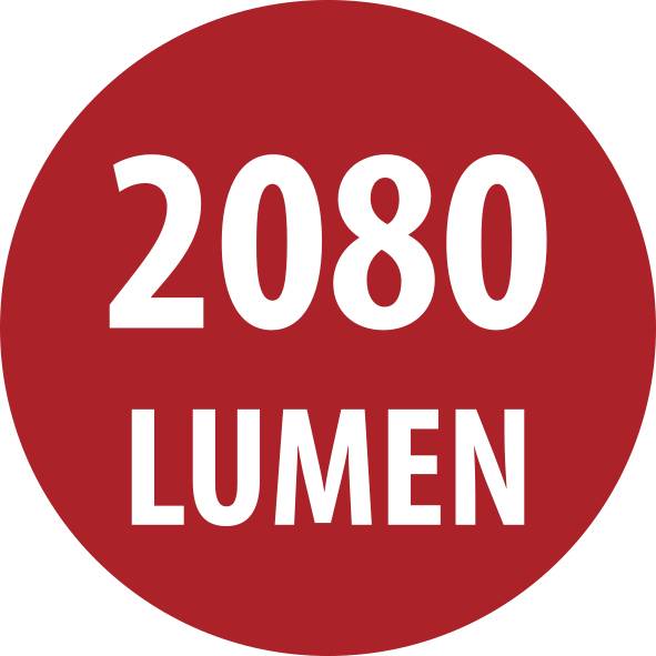 Červený kruhový štítek s bílým textem "2080 LUMEN".