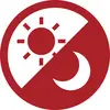 Červený kruhový symbol den-noc dělený diagonálně, se sluncem v levém horním rohu a srpkem měsíce v dolním pravém rohu.