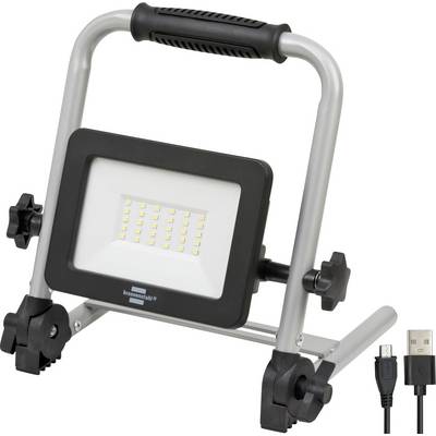 Přenosné LED pracovní světlo s nastavitelným stojanem a rukojetí, zobrazené s USB nabíjecím kabelem.