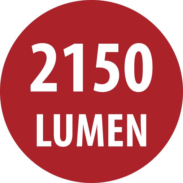 Červený kulatý štítek s bílým textem „2150 LUMEN".