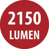 Červený kulatý štítek s bílým textem „2150 LUMEN".