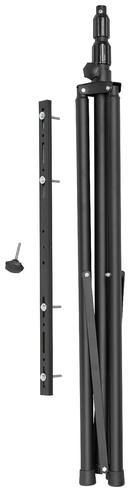 Černý lakovaný stativ s nastavitelnou hlavou vedle kovové lišty se šrouby a malým otočným knoflíkem.