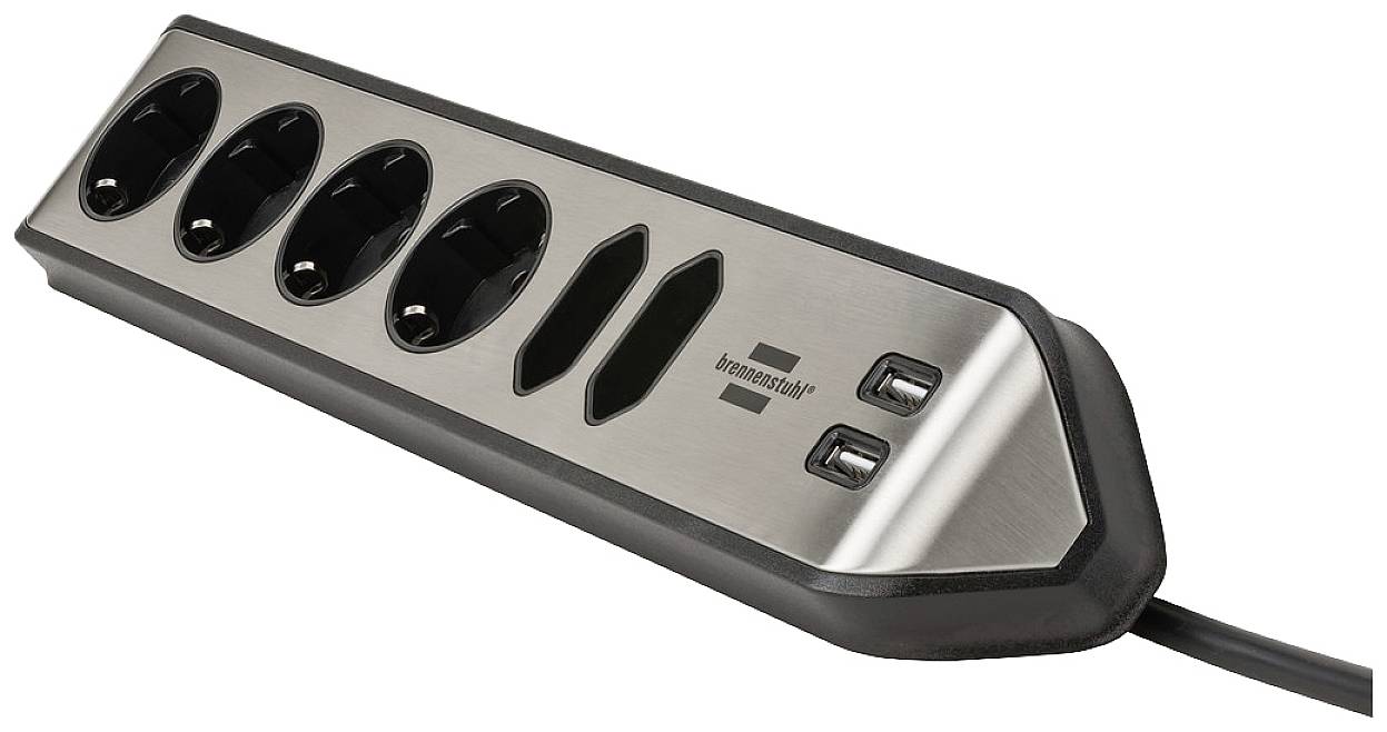 Víceportová zásuvka se čtyřmi elektrickými zásuvkami Schuko a dvěma USB porty, vhodná pro připojení několika zařízení.